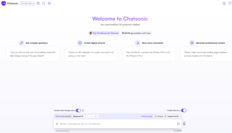 Screenshot of ChatSonic homepage AI writing assistant with user interface