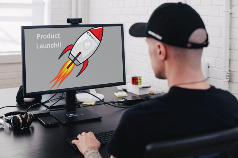 An animated rocketship is shown taking off with a message about a product launch