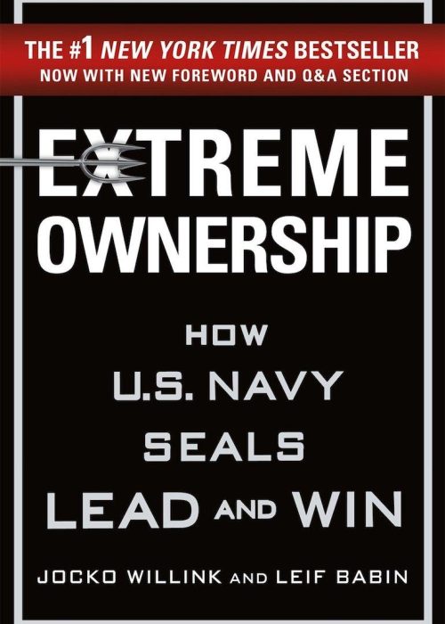 Extreme Ownership" book cover featuring authors Jocko Willink and Leif Babin against a black background with the title in bold white letters.